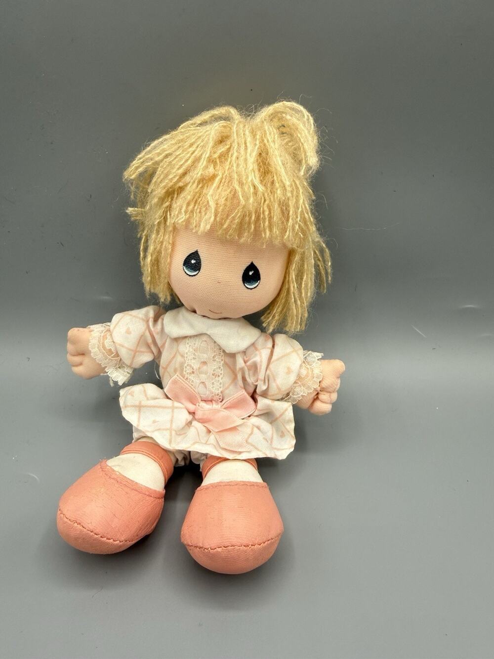 Precious Moments Rag Doll Blonde Yarn Hair Pink Dress Soft Plush 7” Vintage